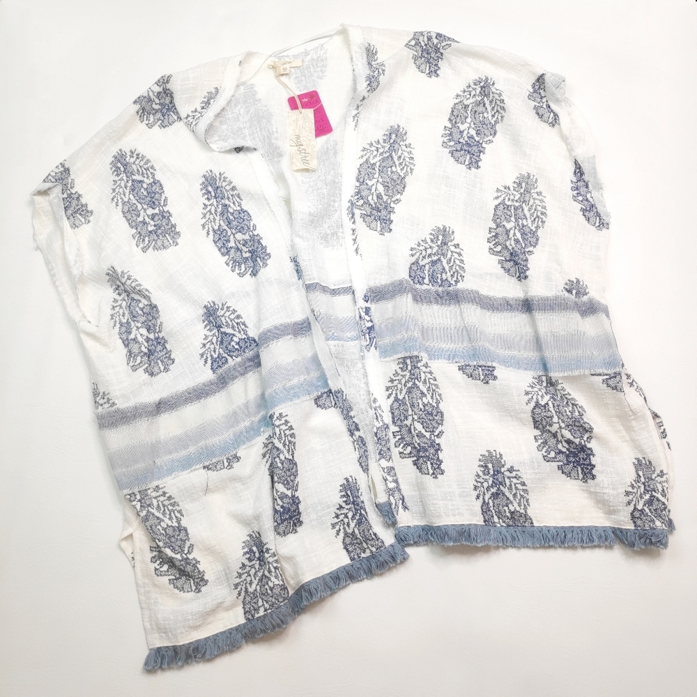 Mystree Linen Blend Open Front Blue White Kimono